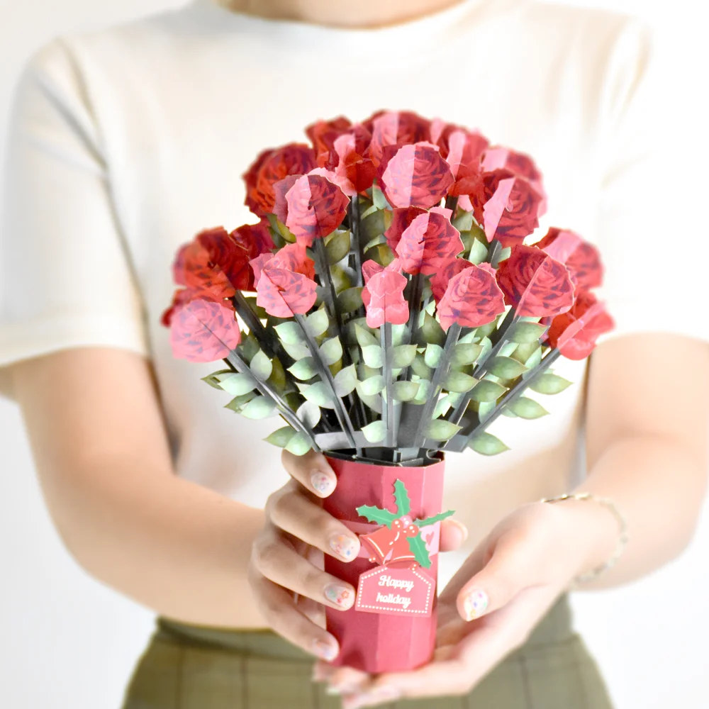 Christmas rose flower bouquet 3D Pop up card Holidays Greeting cards Creative Handmade laser cutting cards