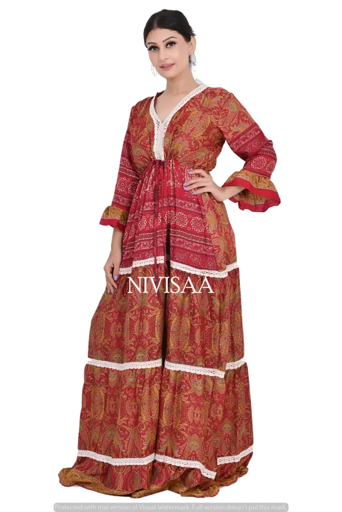 Красивое красное расклешенное летнее платье с длинными рукавами в Европейском стиле Пляжное для девочек и женщин по оптовой цене