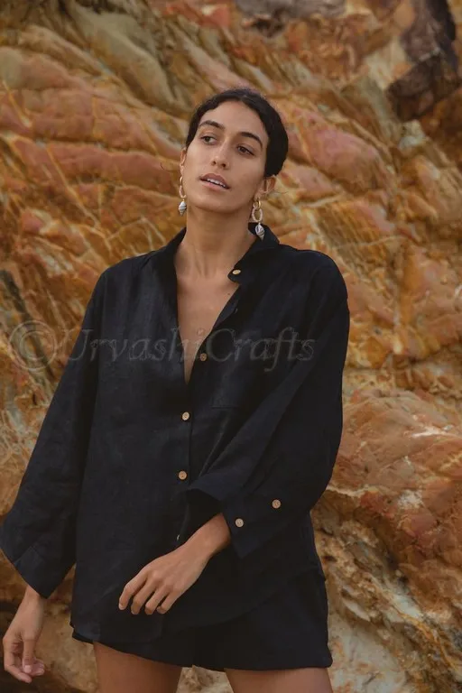 100% Linen Plain Cotton Full Sleeves With Buttons Unisex Oversized Shirts Indian Ethnic Summer Beach Shirts For Beach Cover Ups