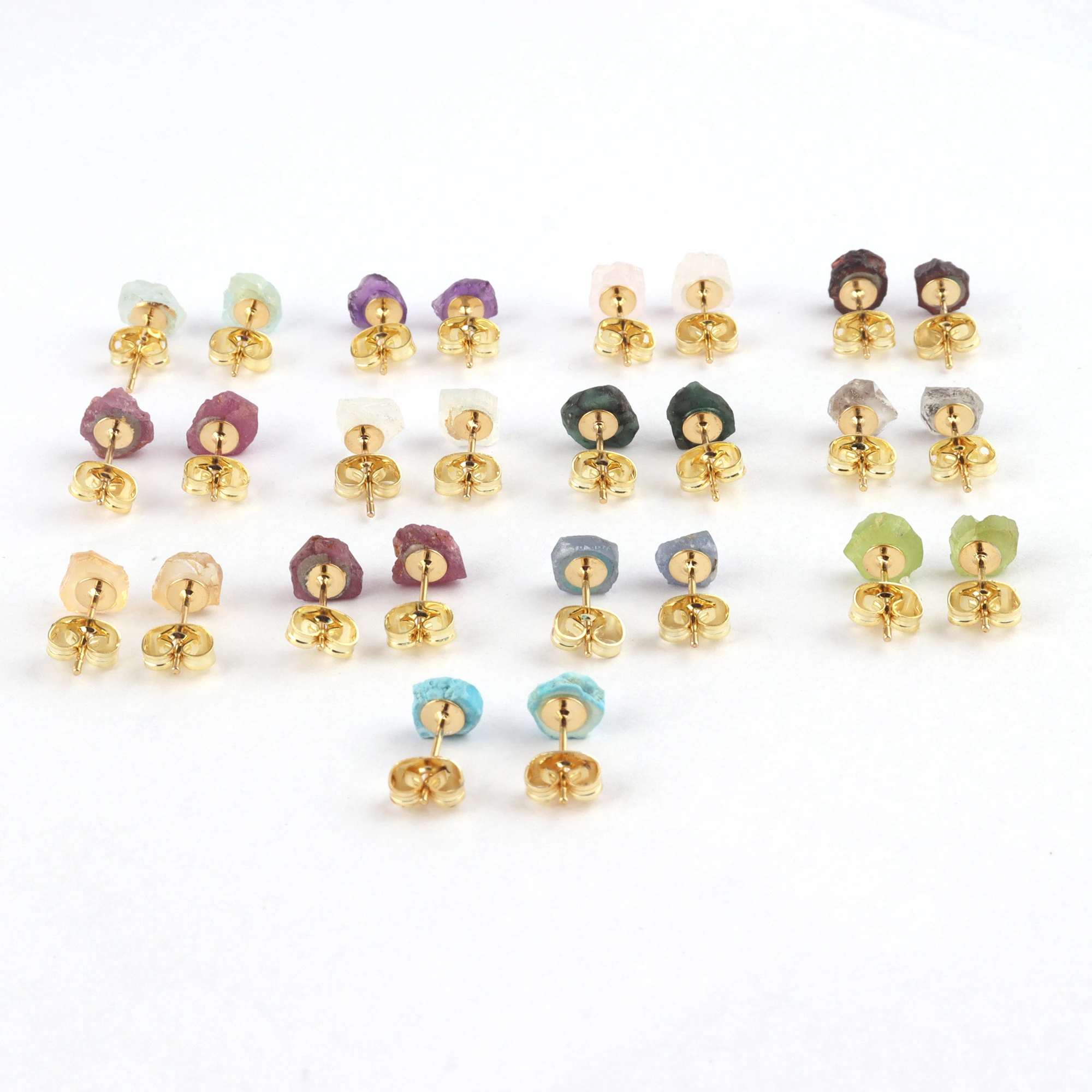 Wholesale collection natural rough emerald gold plated stud earring uncut raw birthstone minimalist statement push back studs