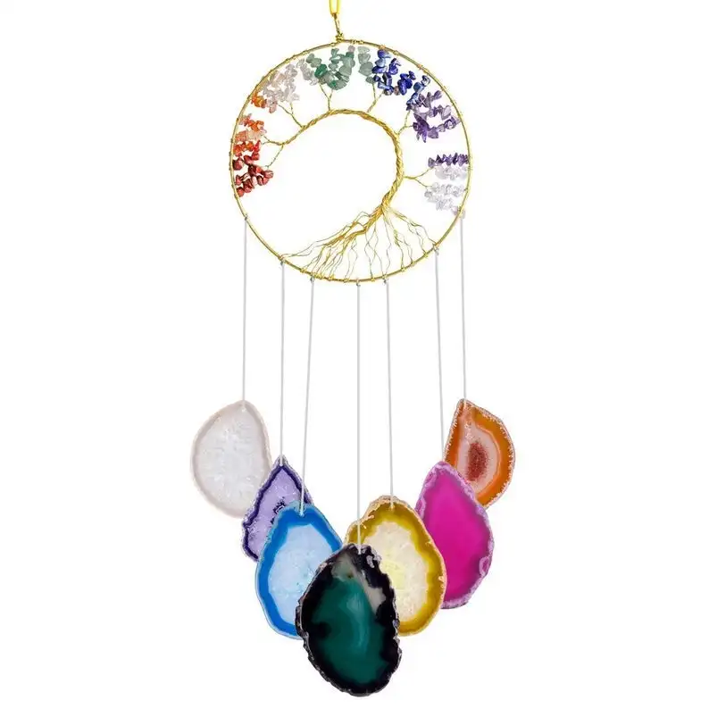 TREE OF LIFE AGATE SLICES WIND CHIMES FOR HOME DECORATION / HANDMADE 7 CHAKRA STONE WIND CHIMES FOR HEALING/ INDOOR OUTDOOR