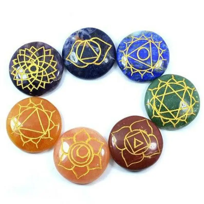 Wholesale Natural Seven chakra set with chakra Engraved Symbol  for  Healing  Meditation and Therapy  From ELEGANT AGATE