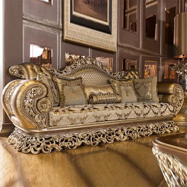 Home Lounge Large High Quality Royal Solid Wood Velvet 3 Seater Italian Style Baroque Gold Luxurious Living Room Sofa Set