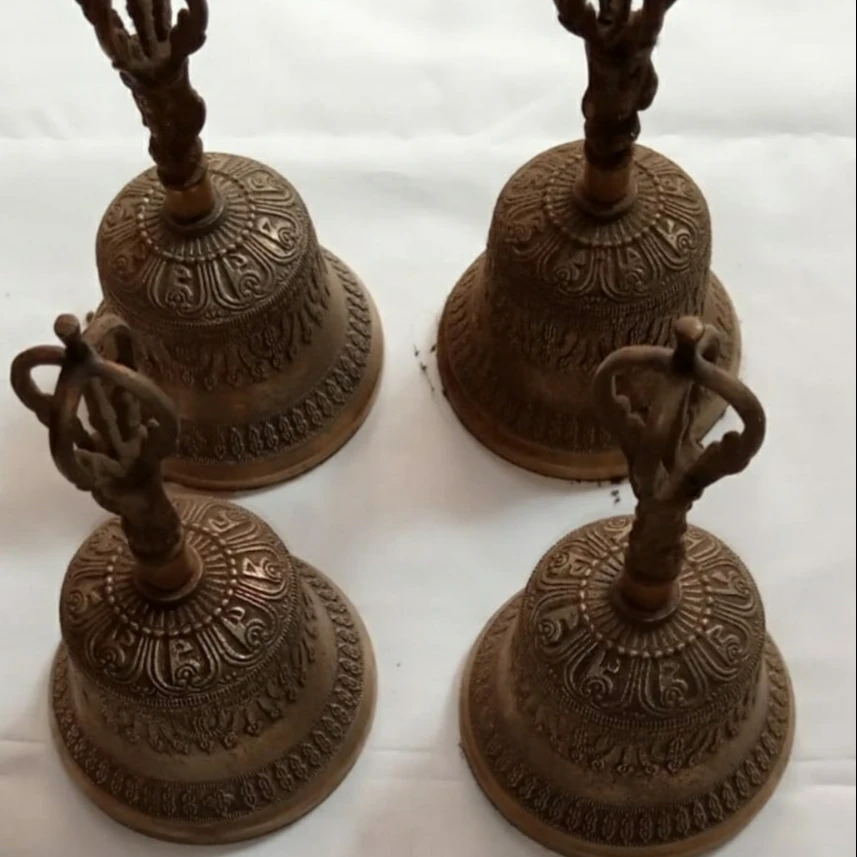 Indian Boho Handicraft Tibetan Brass Bell with Dorje Handle for Self Healing Meditation Yoga Singing Bell Tibetan Brass Bell
