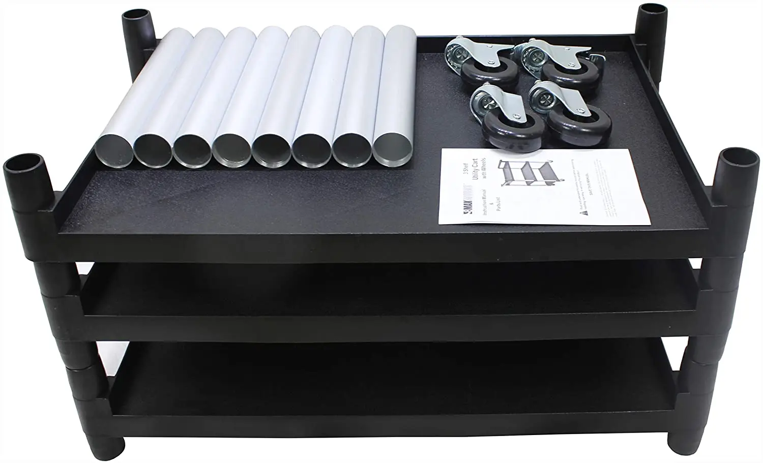 3-Shelf Black Utility Plastic Cart with Wheels Kitchen Island Trolley Serving Cart Foodservice Restaurant Cleaning