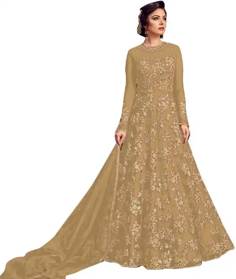 NEW DESIGNER EMBROIDERED NET SEMI  STITCHED ANARKALI GOWN BY OMVAGMINE