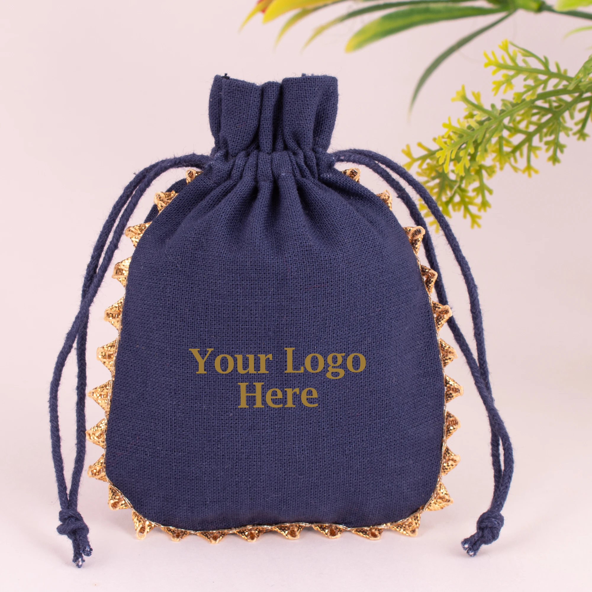 High Quality Navy Blue Handmade Drawstring Jewelry Pouch Indian Customize Logo Cotton Gift Favor Packaging Bag Wholesale