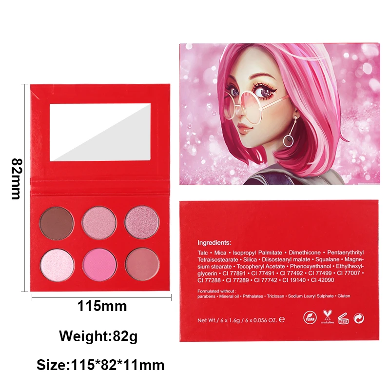 Low Moq 6 Pan Eyeshadow Palette Oem matte shimmer glitter high pigment Makeup Palette