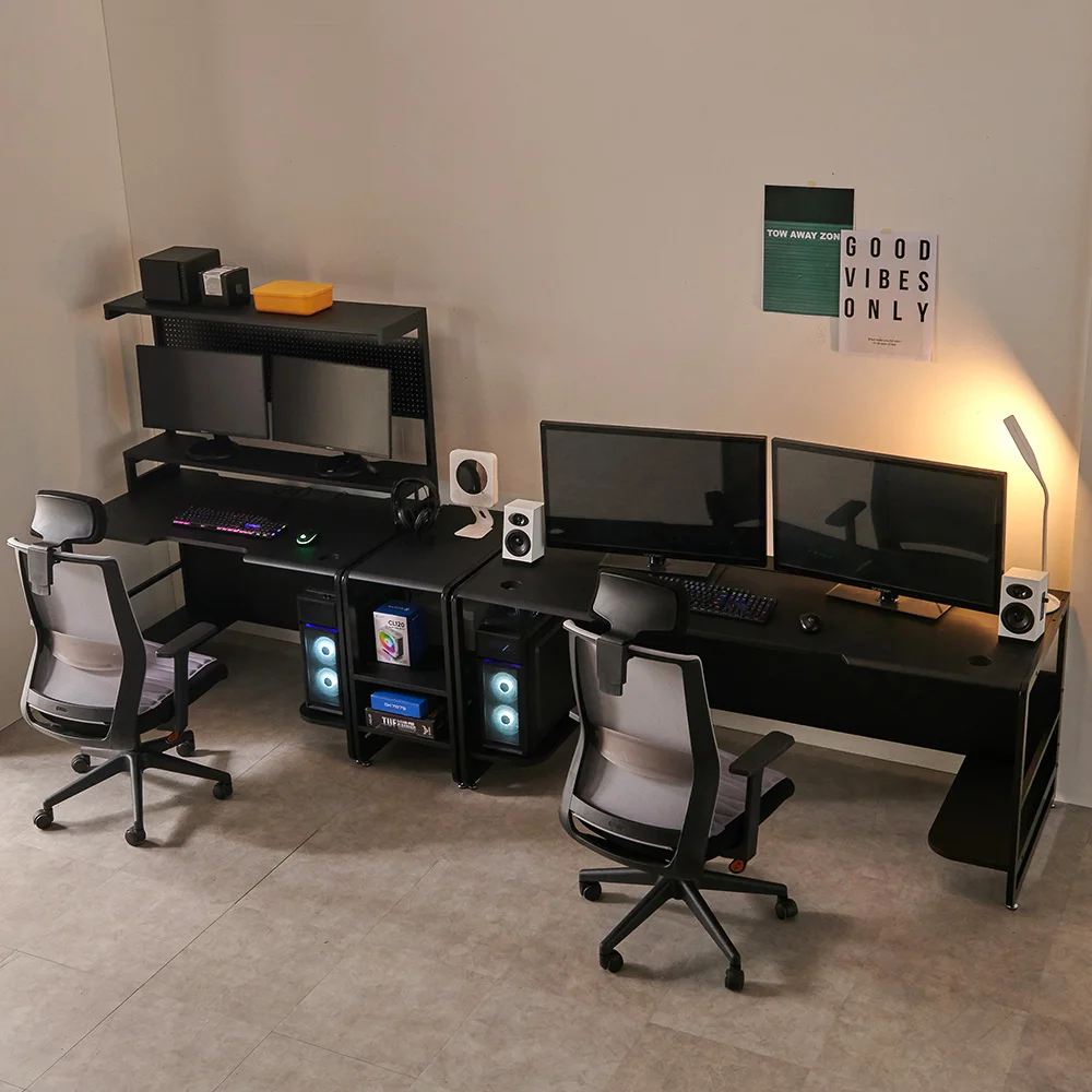 New Gaming Black Modern Computer desk table with Shelves Side Table