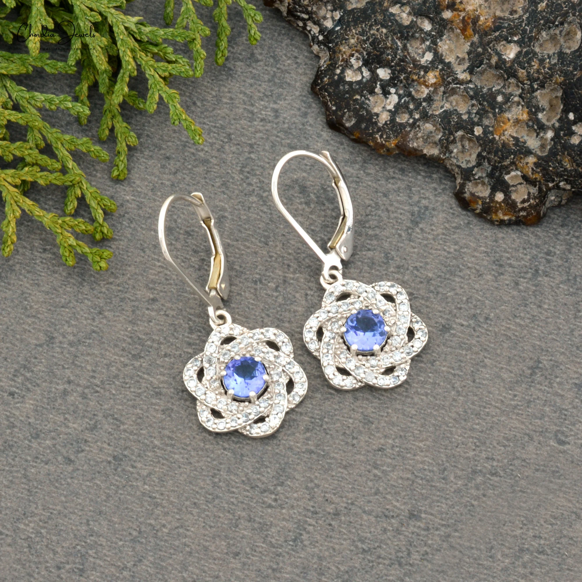 Natural Blue Tanzanite & Cubic Zircon Floral Dangling Earrings Handmade Jewelry in 925 Sterling Silver Fashion Jewelry Suppliers
