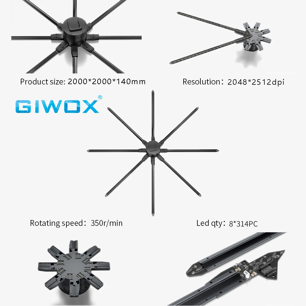 Giwox newest arrival 200cm holographic fan display 320w 8 blades 3D hologram fan for advertising
