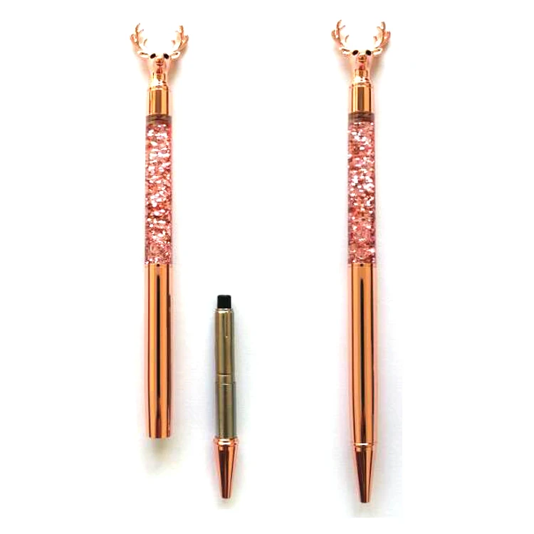 XmasPen-019  Wholesale Christmas  Reindeer gold powder flow oil crystal pen floating glitter