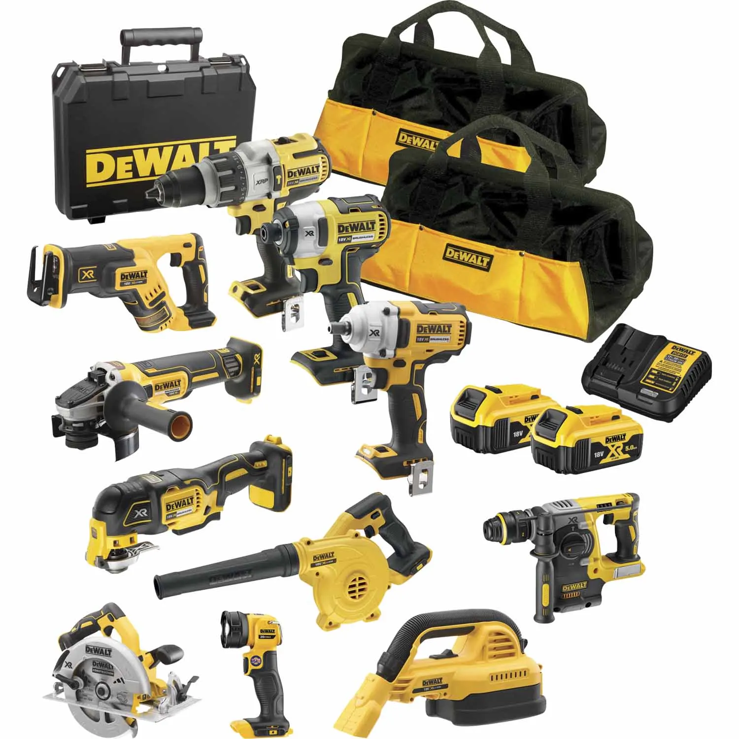 Комплект электроинструментов DEWALTS 20 в, 17 шт., Платиновый комплект XR с 5 литий-ионными аккумуляторами 5,0 Ач, 2 зарядными устройствами и 4 жесткими системами BO