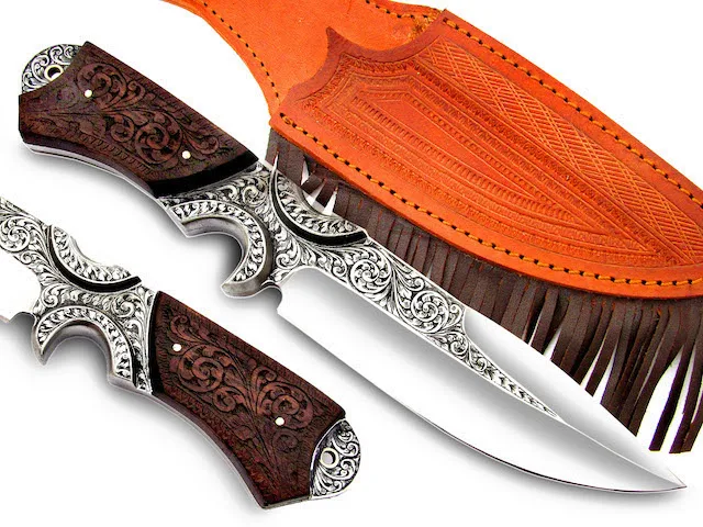 
Custom Handmade HAND FORGED Etched D2 STEEL Hunting KNIFE With Rose Wood Engraved Handle Fixed Blade Knife ME-374 