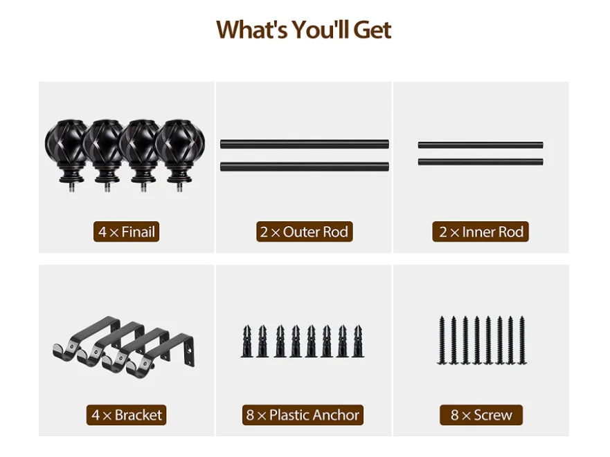 Smart Home Factory Pricing Decorative 3/4 Inch Curtain Rod 48 to 86 Inches 2 Pack Window Single Drapery Rod with Finials