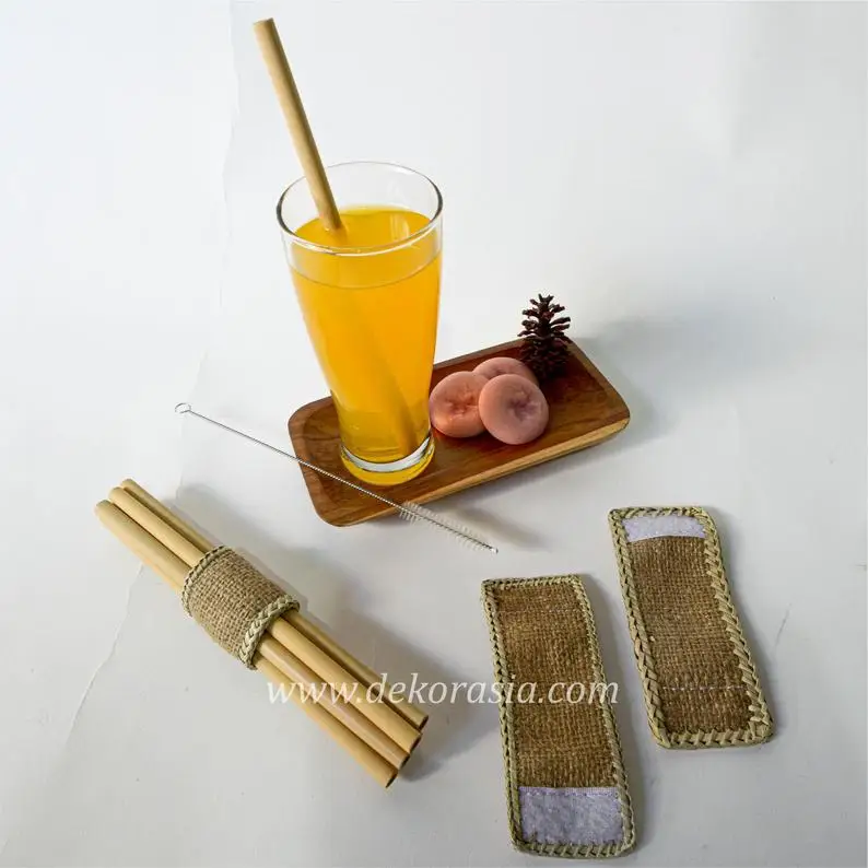Bamboo Straw Set with Pandanus Napkin Ring with 10 of bamboo Straws and 1 Stainless Brush and 1 Woven Bamboo Napkin Ring