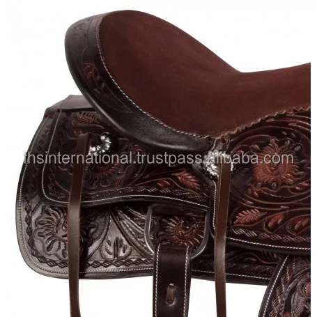 Excellent Barrel Trail Western Horse Saddle Quality Leather with Floral Hand Tooled Fiber Glass Saddle Tree