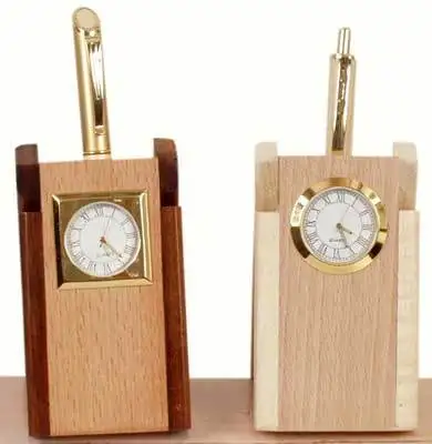Star shape Wooden Office Pen Holder with clock Storage Pencil Organizer Stand Box