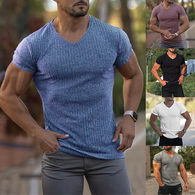 New Fashion Men V Neck Short Sleeve Tops T-shirt Slim Fit Stretch Sport Gym Muscle Tee Tunic Wholesale Off-White T-shirt