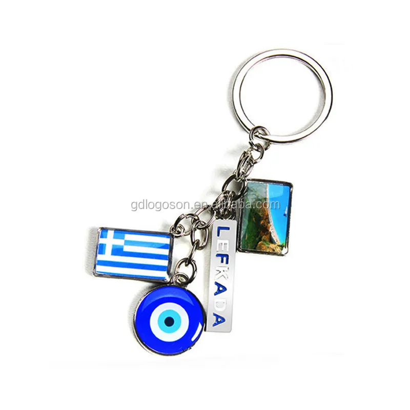Tourist Souvenir Greece Flag Photo Evil Eye Key Chain Keyring Bulk Wholesale Custom Keychain