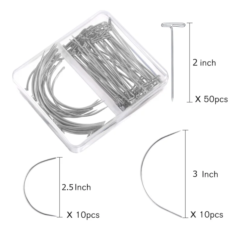 70 Pieces Stainless Steel Wig T Pins & C Curved Needles Set Hair Weave Needles For Wig Making