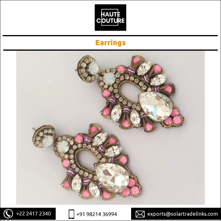 Low Priced Pink Opal Stones Crystal Drops Chandelier Shaped Earrings for Women for Weddings Evening Wear Party Wear
