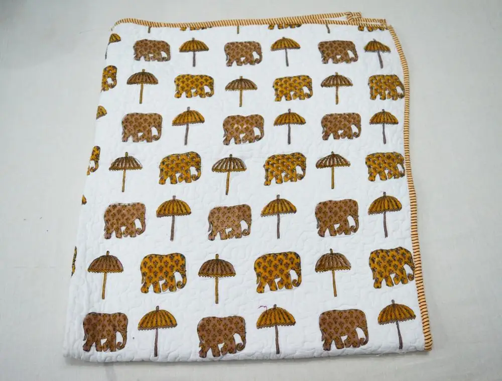 Handmade Umbrella Elephant Print Indian Quilted Bedspread Cotton Kantha Baby Quilt Throw Blanket