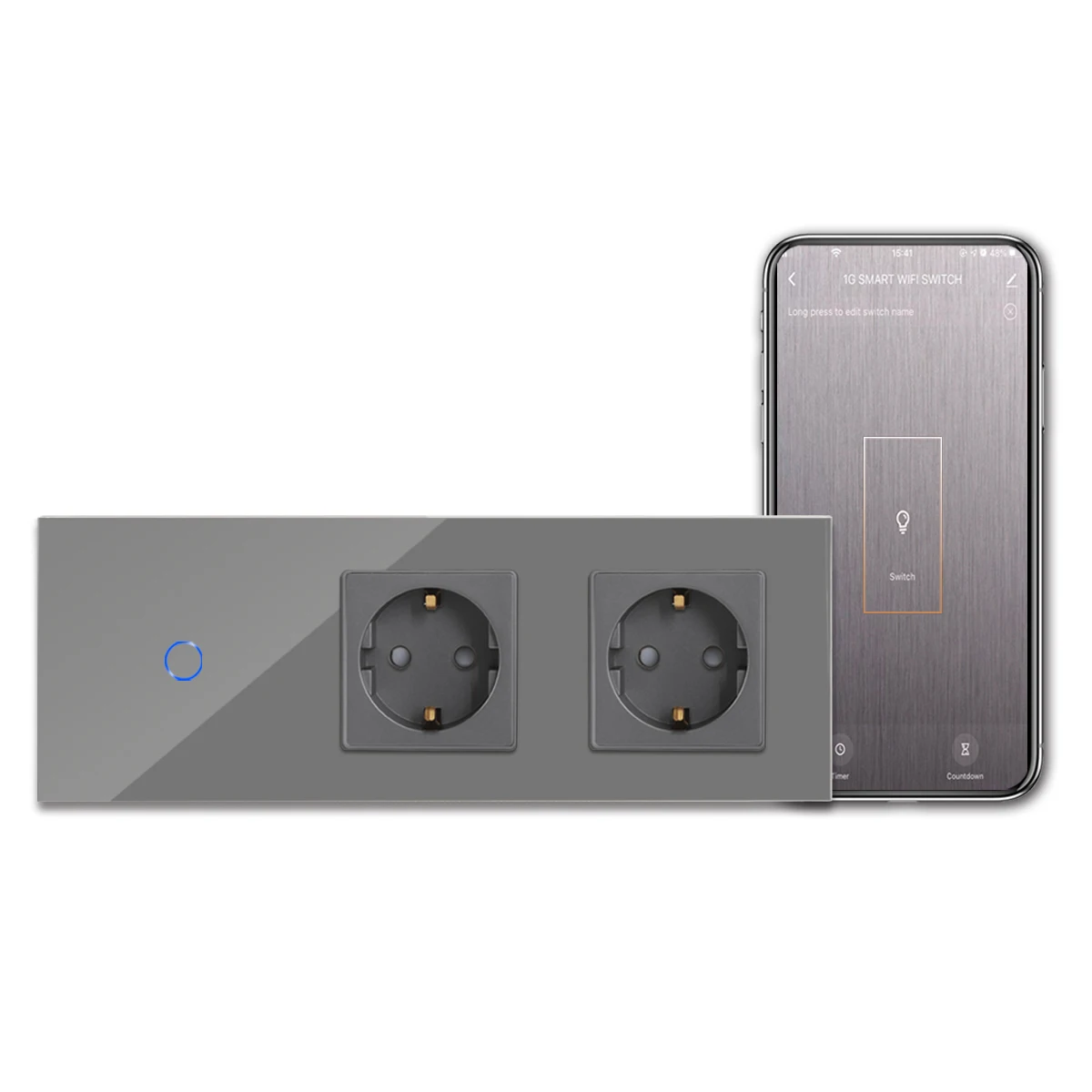 Bingoelec ZigBee 1Gang 1Way Wifi Touch Switch and Socket EU 16A  Wall schuko Socket With Crystal Glass Panel