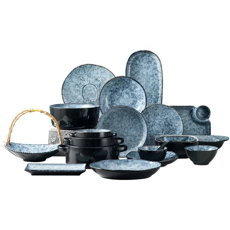 Wholesale customized blue nordic stoneware sets ceramic plates stoneware set reactive glaze plate set