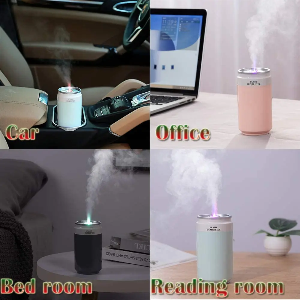 260ML Cans Air Humidifier 800mAh USB Rechargeable Flame Humidifier with 7 Colors Night Light and Auto Shutoff Protection
