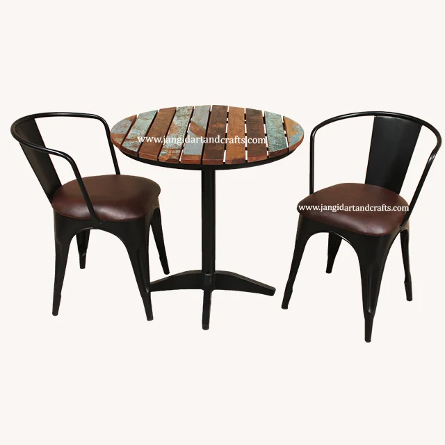 Popular Cheap Retro Industrial Fast Food Furniture Booth Seating Cafe Restaurant Iron Wooden Table and 2 Pu Leather Chairs Set