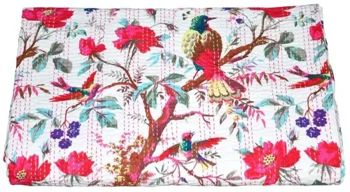 Indian handmade bird print kantha quilt bedspread wholesale price factory rate quilts cotton fabric
