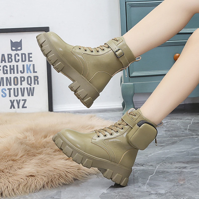 Women Waterproof Fashion Shoelace Ankle Boots with Two Mini Side Bags Leather Cool Black Winter Martin Boots