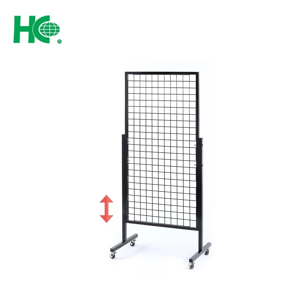 Black metal adjustable grid panel display stand with t base