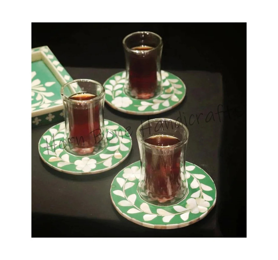 New Design Indian Handmade Mother Of Pearl Bone Inlay Tea Coaster Tea Saucer Set For Coffee Table Trays Coasters Set Qatar Dubai