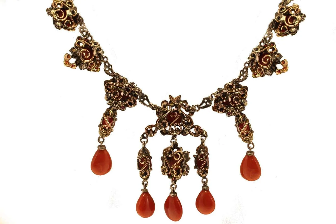 
Diamonds,Sapphires,Rubies,Emeralds,Red Corals and Drops,RoseGold/Silver Necklace 