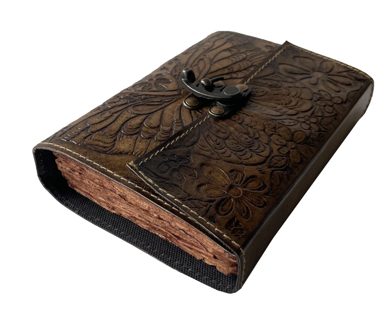 Handmade Leather Journal Vintage Butterfly Flower Embossed Deckle Edge Paper Writing Diary Office Notebook Handbook Sketchbook