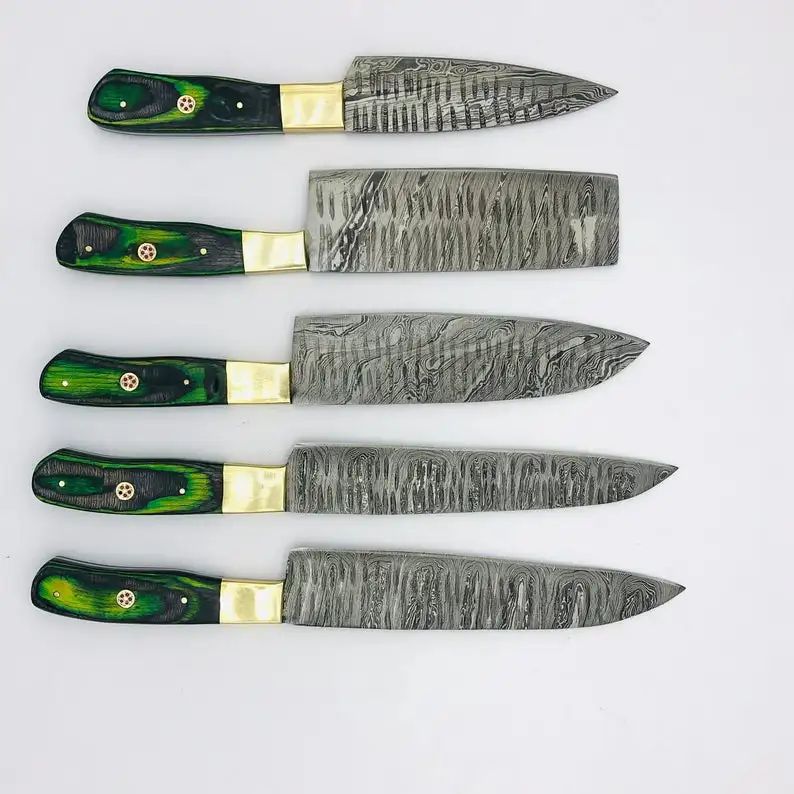 Набор поваров из дамасской кожи ручной работы по индивидуальному заказу 5 шт. с кожаным чехлом.