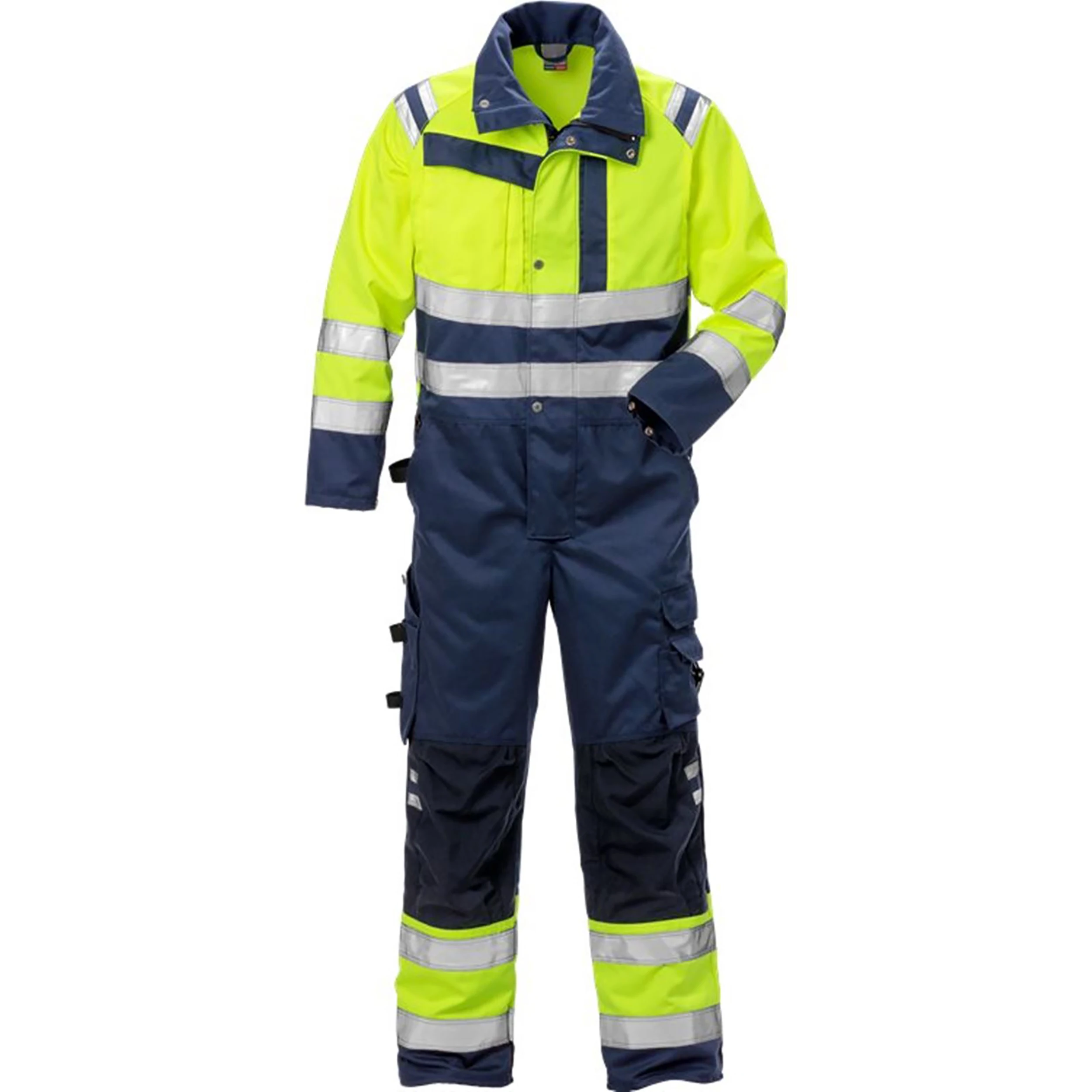 Reflective safety overall fluorescent security work wear uniform hi-vis suit Custom  coverall with multi-pockets safety hi-vis