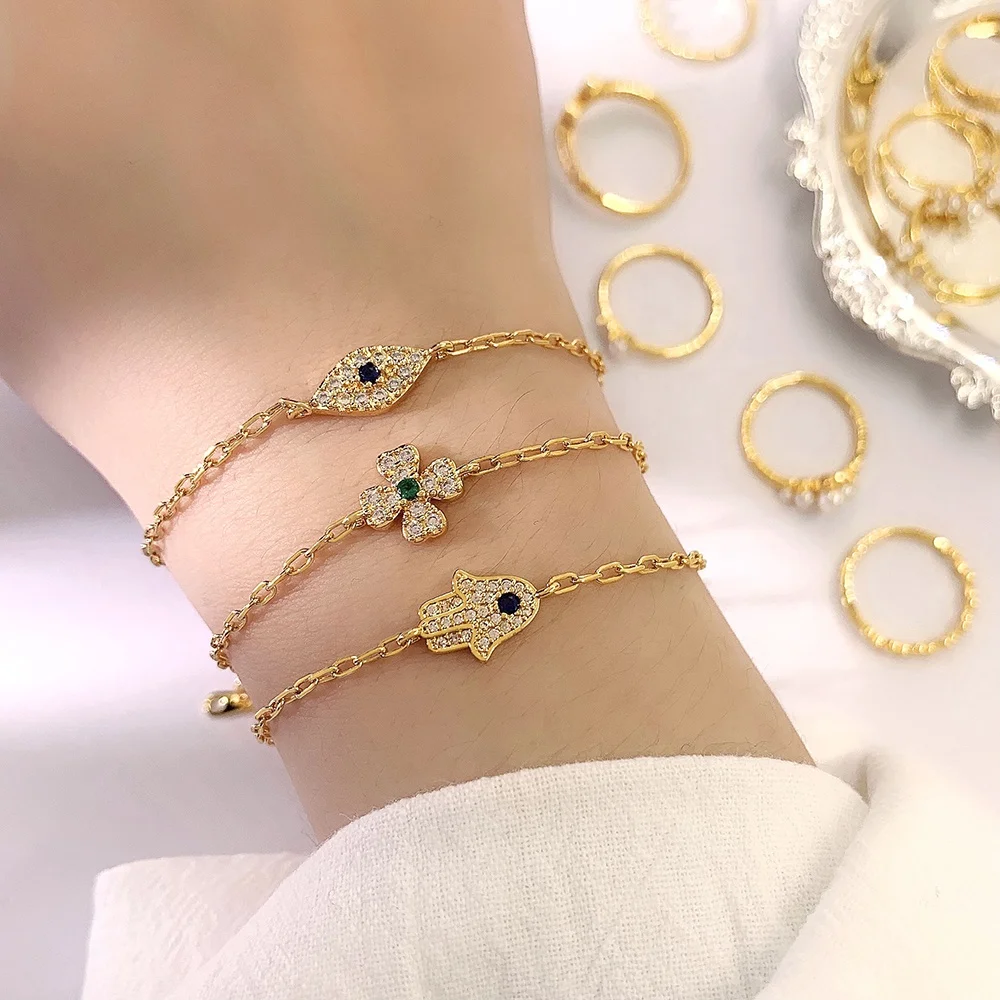 Thin Chain 18K Gold Plated Jewelry Four Leaf Clover Turkish Evil Eye Hamsa Hand Charm Bracelets
