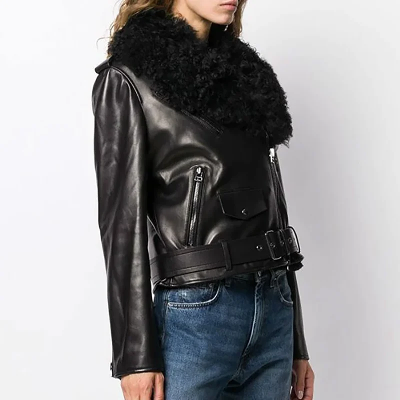 Ladies Women Sheepskin Aviator B3 Flying Leather Jacket Warm Filling Fur Coat Jacket Biker Style Bomber Double Collar Jacket OEM