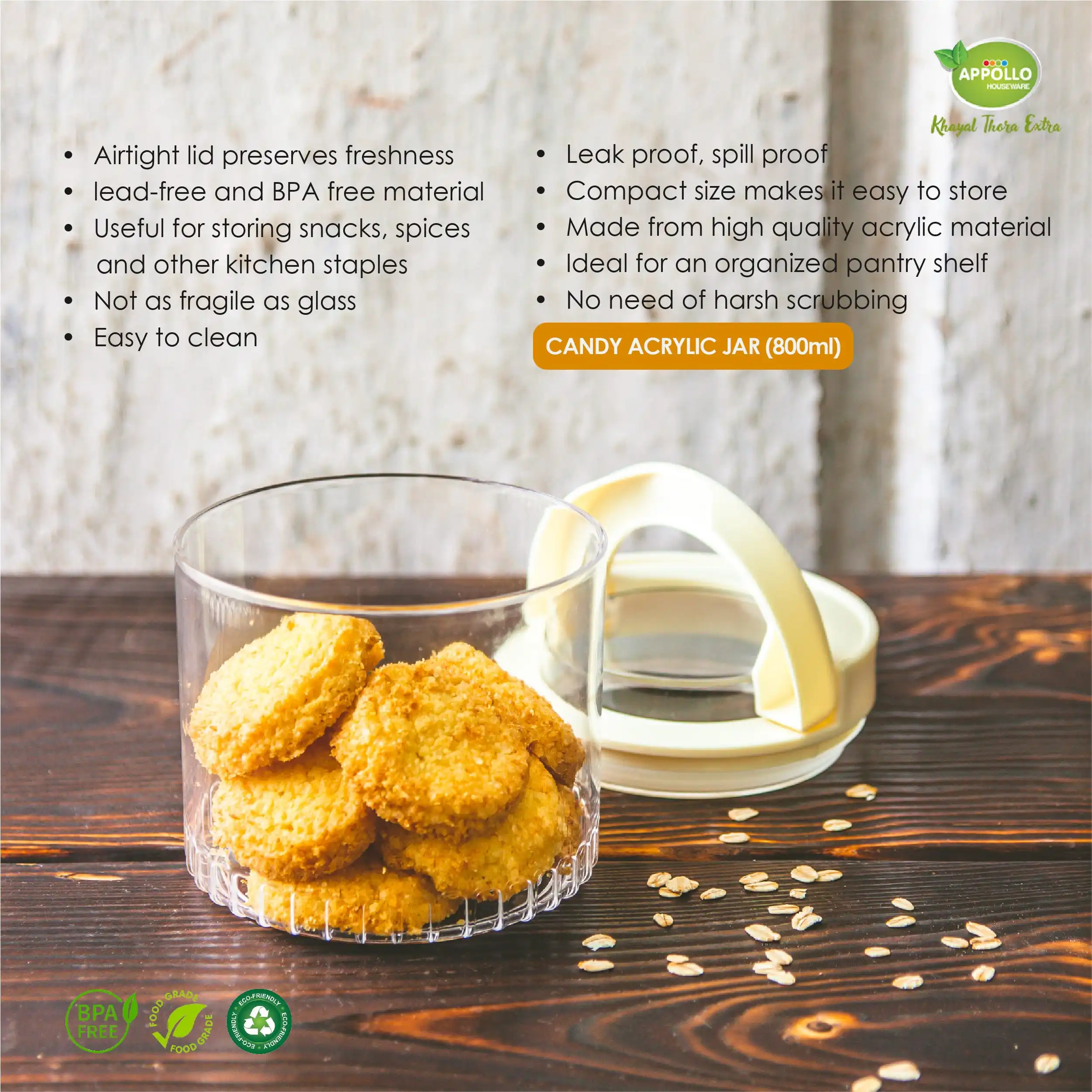 Candy Acrylic Jar Medium (800ml) Silicone Sealed BPA Free Food Grade Material