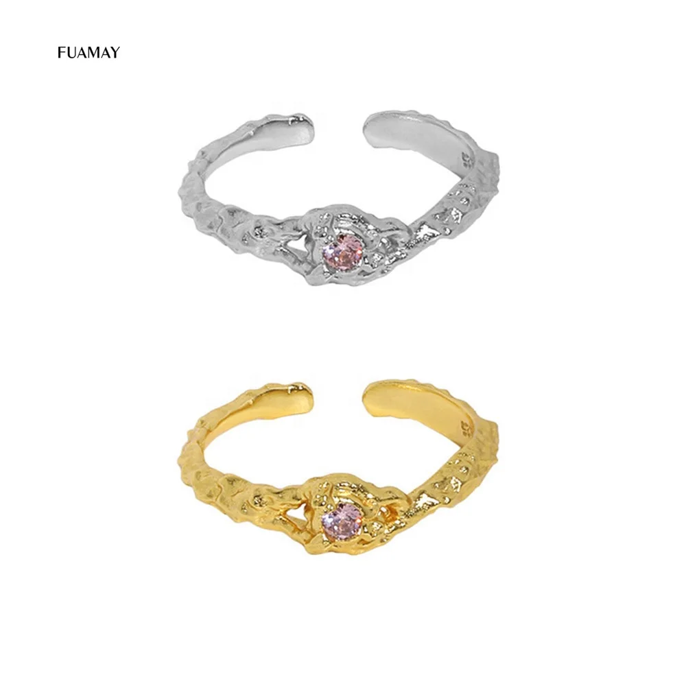 FUAMAY S925 Silver Pink CZ Zirconia Diamond Rings Woman Girl Fashion Irregular Rings 925 Silver