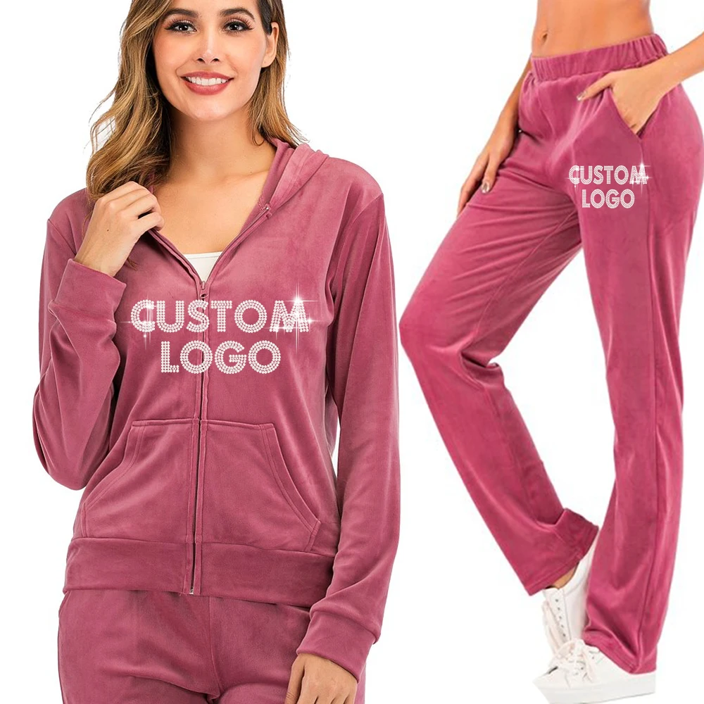 Custom design logo heavyweight ladies letter velour  stacked pants 2pc tracksuit womens with rhinestone jogger set
