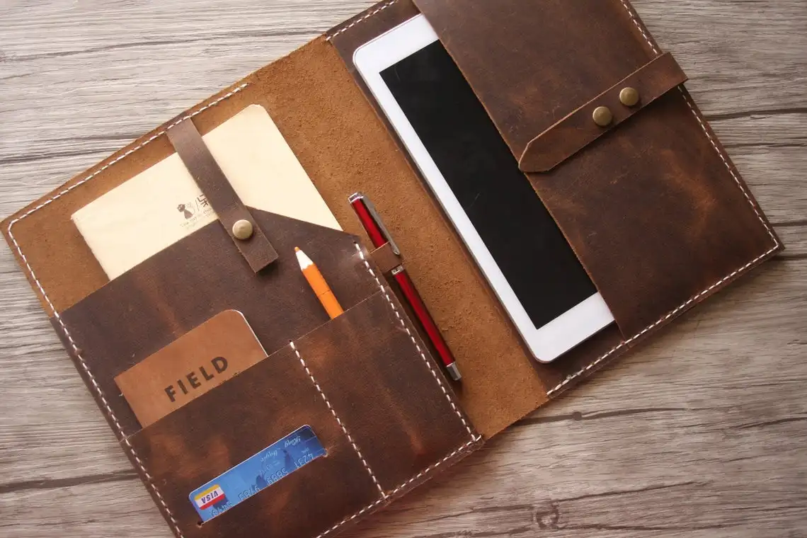 A4 Document Carrying Leather Portfolio, Travel Business File Holder Leather Folder For Travel Document Holder