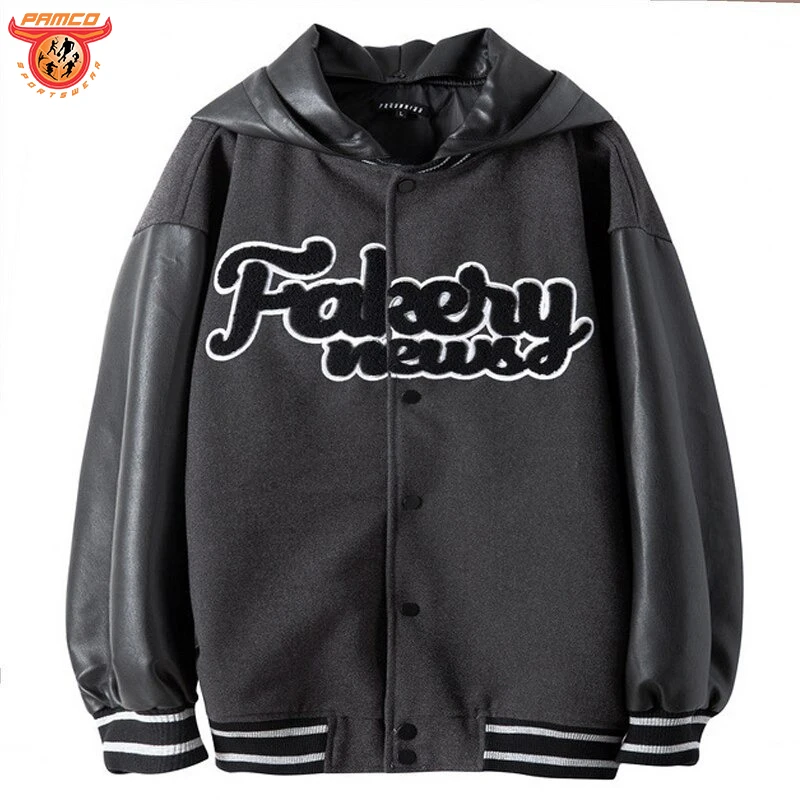 Men Hooded Baseball Jackets Detachable Hat Woolen Leather Patchwork Letter Patch Bomber Jacket Coat Casual Fashion Outwear