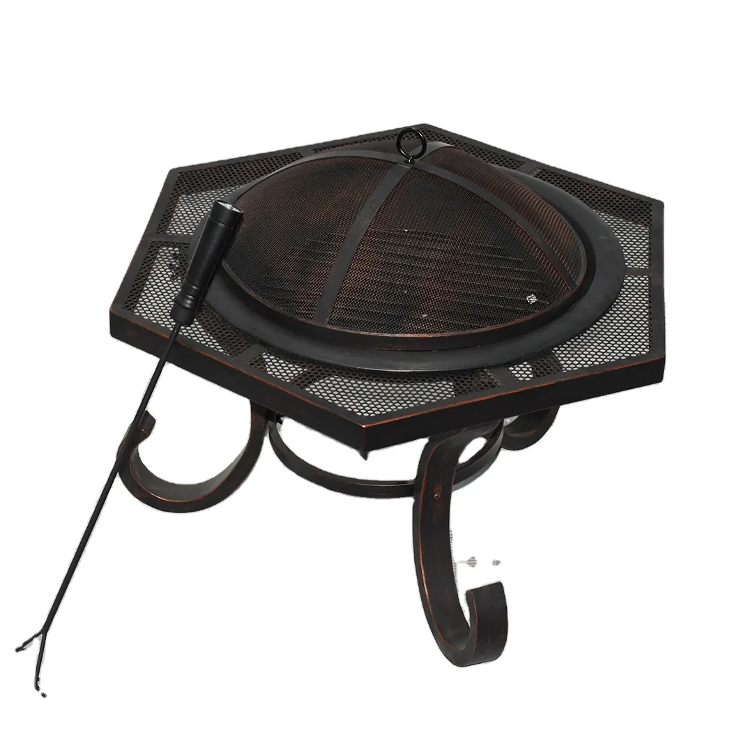 2021 Hexagonal Antique Copper Looking Portable Outdoor Charcoal Wood Burning Metal Fire Bowl Fire Pit With Spark Screen