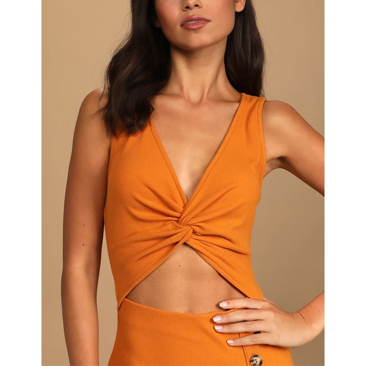 Orange Ribbed Twist-Front Cutout Midi  wide straps A V-neckline  Twist-Front Bodice  A Cutout  Waist Women Casual Dress