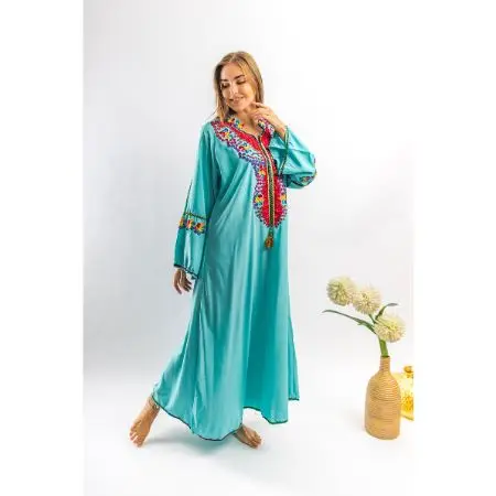 Boho Hand Embroidered Dress Women Casual Ethnic Style Clothes Long Sleeve V Neck Bohemian Short Dress