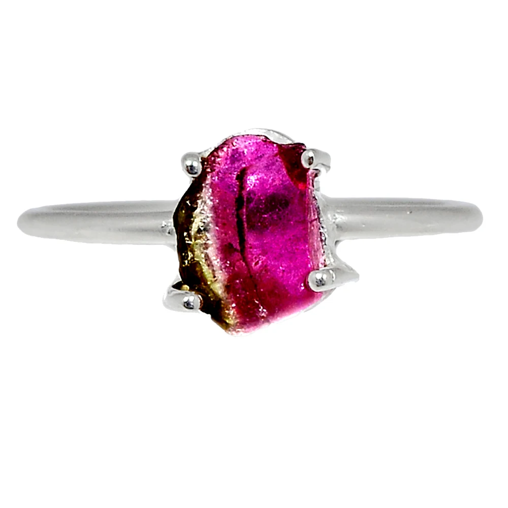 Silver Pink Green Watermelon Tourmaline Slice Ring, Heart Chakra Ring